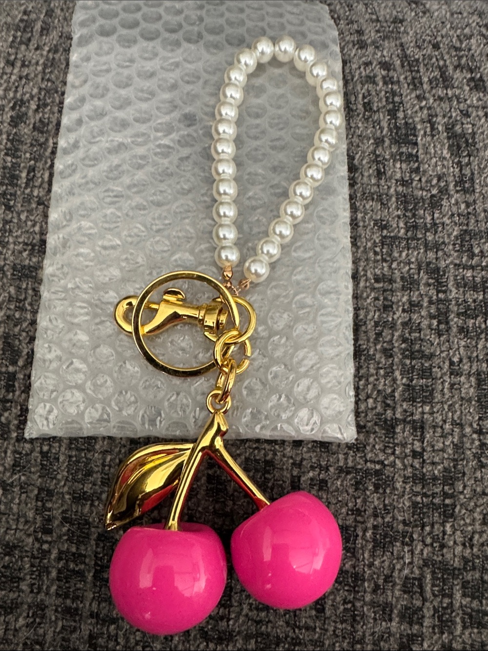 Pearl Loop Pink Cherry Keychain Bagcharm - Gold Hardware